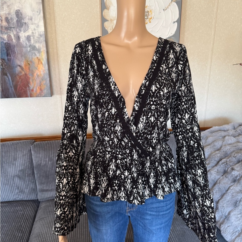 Others Follow Black and White Wrap Blouse